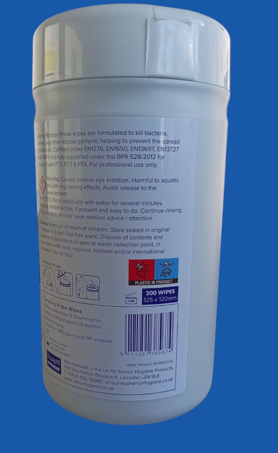 Optima Sanitising Probe Wipes packaging rear view
