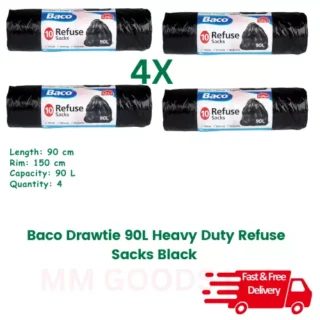 Baco DRAW tie Sacks 90Litre 40 Bags Heavy Duty Black -10 Bags per pack - 4 Packs