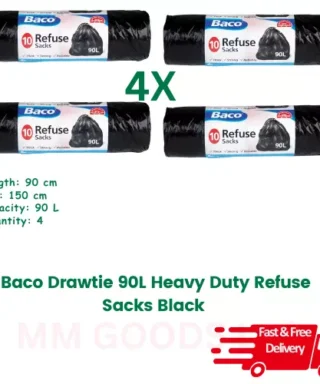 Baco DRAW tie Sacks 90Litre 40 Bags Heavy Duty Black -10 Bags per pack - 4 Packs