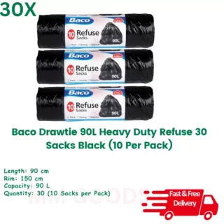Baco Draw tight 90L Heavy Duty 30x Refuse Black 10 sacks per pack (Pack of 3)