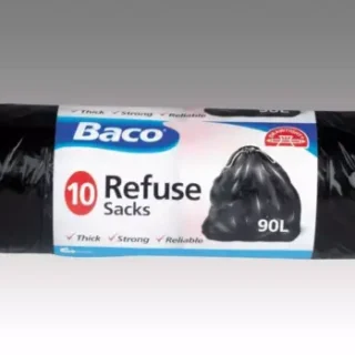 Baco DRAW tie Sacks 90Litre 50 Bags Heavy Duty Black -10 Bags per Pack