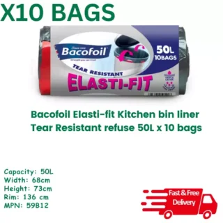 Bacofoil Elasti-fit Kitchen bin liner Tear Resistant 50L x 10 bags