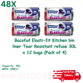 Bacofoil Elasti-fit Kitchen 48x bin liner Tear Resistant 30L x 12 Bags Per Pack