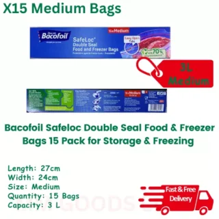 Bacofoil Safeloc Double Seal Food & Freezer Bags 15 Pack for Storage & Freezing