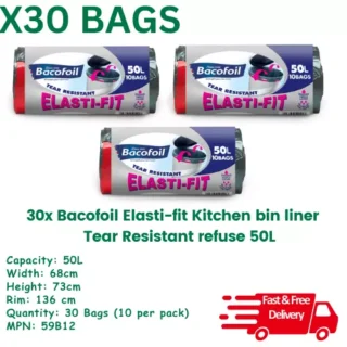 Bacofoil Elasti-fit Kitchen 30 bin liner Tear Resistant 50L x 10 bags, Pack of 3