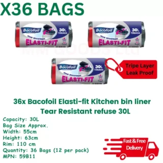 Bacofoil Elasti-fit Kitchen 36x Bin Liner Tear Resistant 30L x 12 Bags Per Pack