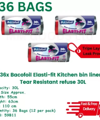 Bacofoil Elasti-fit Kitchen 36x Bin Liner Tear Resistant 30L x 12 Bags Per Pack