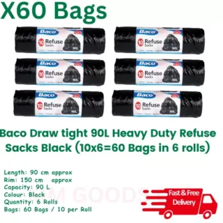 Baco DRAW tie Sacks 90Litre 60 Bags Heavy Duty Black -10 Bags per pack - 6 Packs