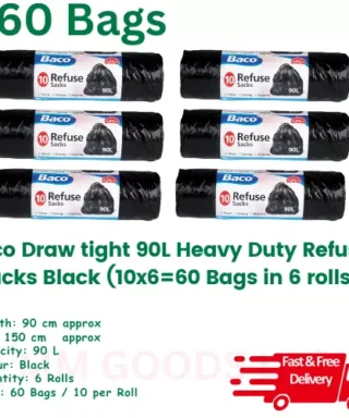 Baco DRAW tie Sacks 90Litre 60 Bags Heavy Duty Black -10 Bags per pack - 6 Packs