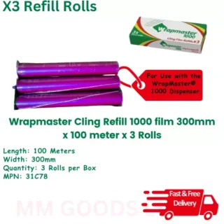 Wrapmaster 1000 Clingfilm Refill Kitchen Restaurant (Pack of 3) 30cm x 100M