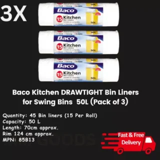 Baco DRAW tie Bin Liners for Kitchen Swing Bins 50L, 45 refuse sacks in 3 Rolls