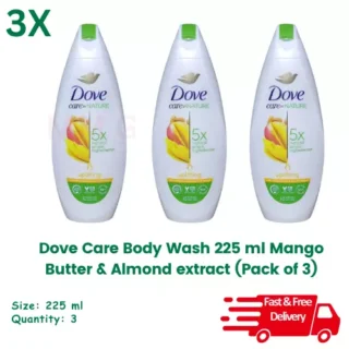 3x Dove Care Shower Gel 225ml, Mango Butter & Almond Extract (Pack of 3)