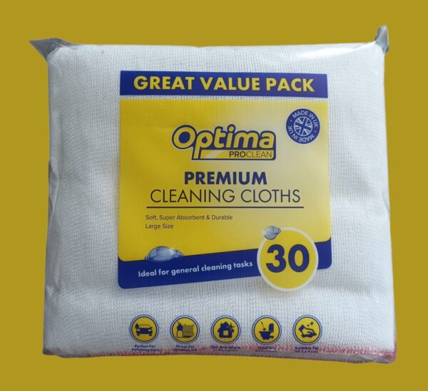 Optima Pro Clean Large White Cleaning Cloths - Super Absorbent, Multi-Purpose & Polishing | 30 Pack