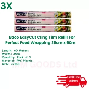 3x Bacofoil EasyCut Cling Film Refill - For Perfect Food Wrapping 35cm x 60m