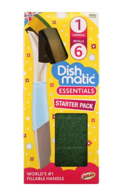 DishMatic value pack 1x Refillable Washing Up Liquid Dispenser Handle 6 heads